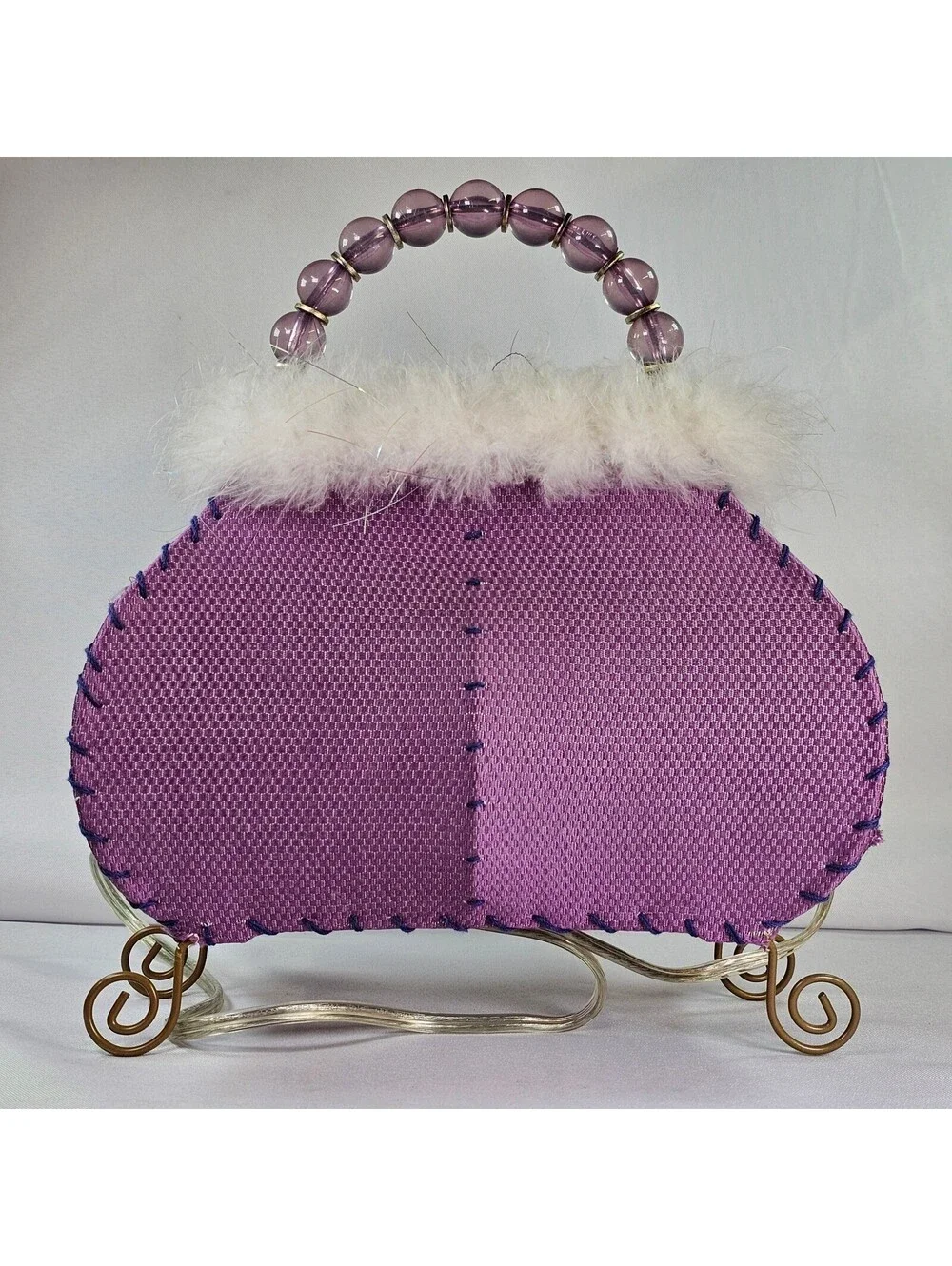 Vintage Novelty Purse Accent Lamp Purple Fabric Faux Fur Beaded Handle Kitschy